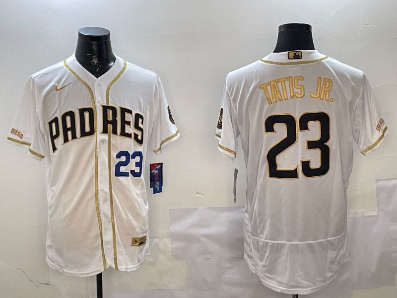 Men San Diego Padres #23 Tatis jr White Gold Elite 2025 Nike MLB Jersey style 4
